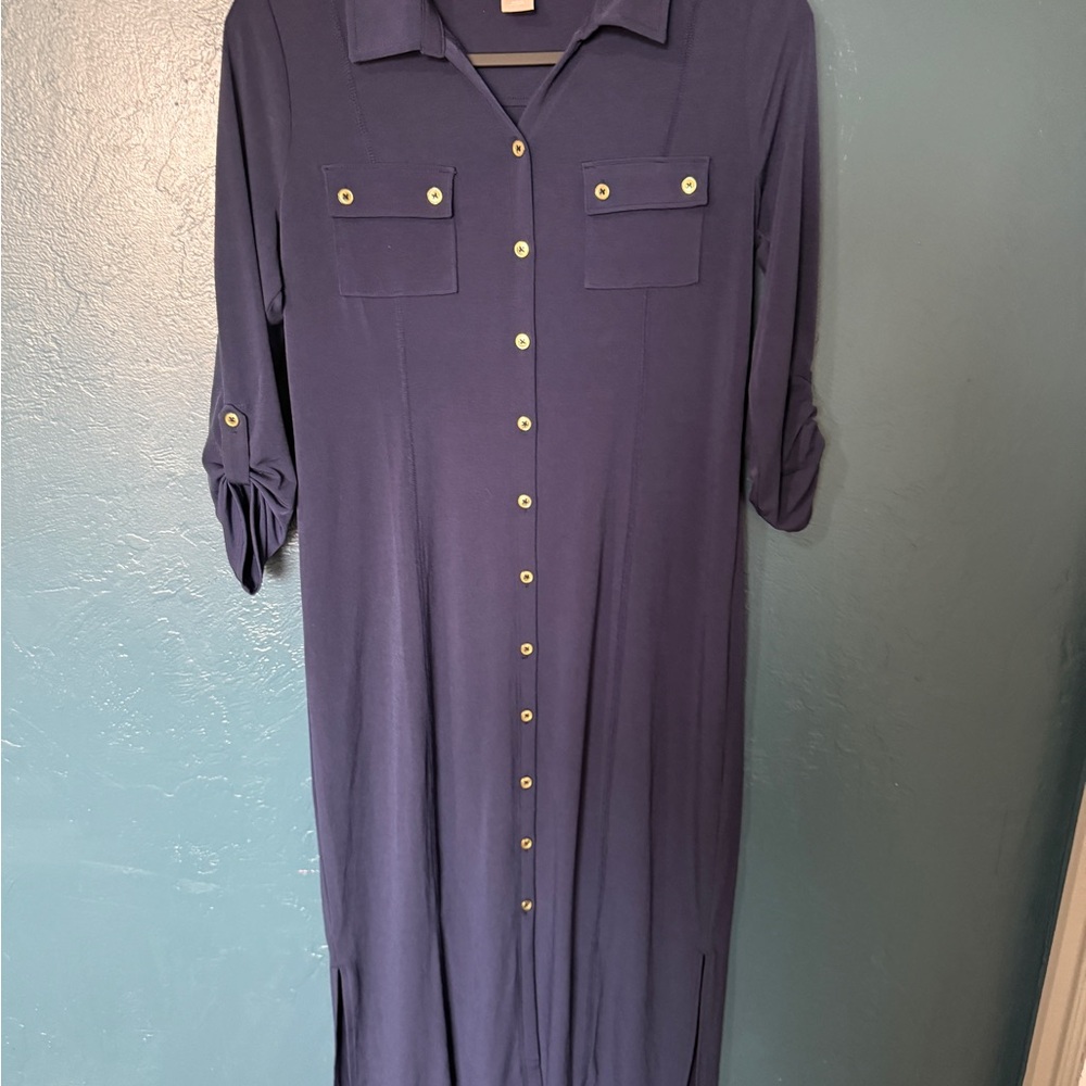 NWOT Chico's Blue and Gold Buttoned Maxi Dress with Notched Collar.